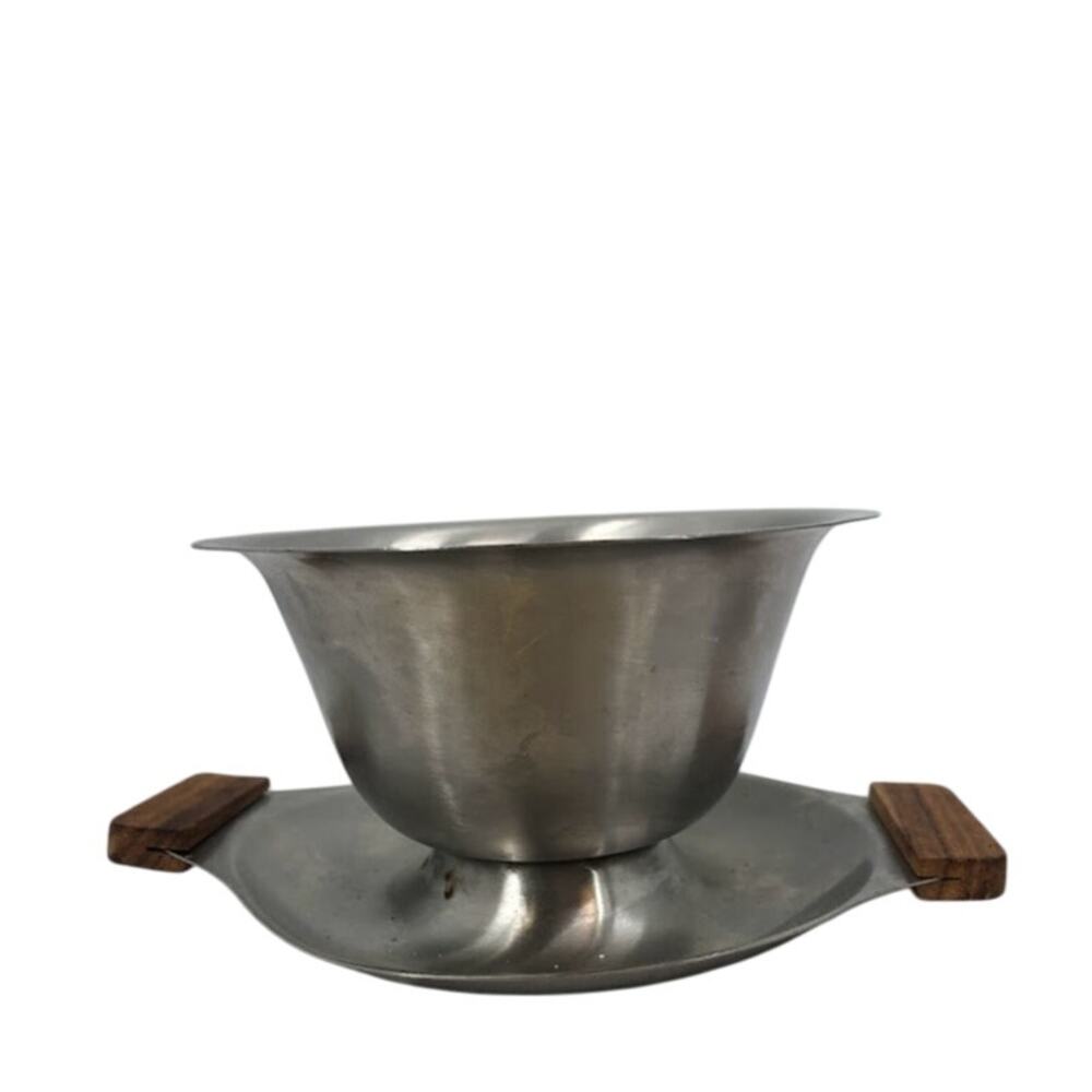 Vintage 18/8 Japan Stainless Steel Gravy Boat Bowl Dish MCM Attached Drip Plate